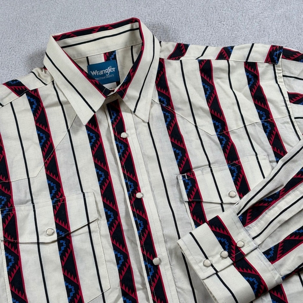 Vintage 90s Wrangler Western Shirts Men XL White Red Geometric Stripe Pearl Snap